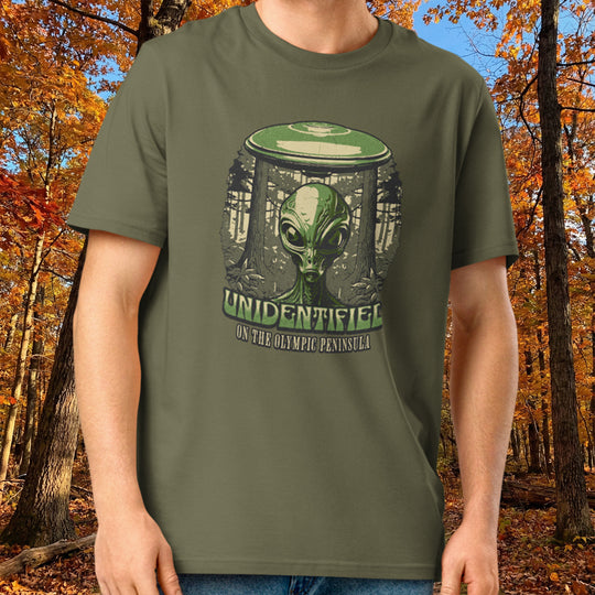 "Unidentified on the Olympic Peninsula" UFO Tee – Organic Cotton Cryptid Crewneck