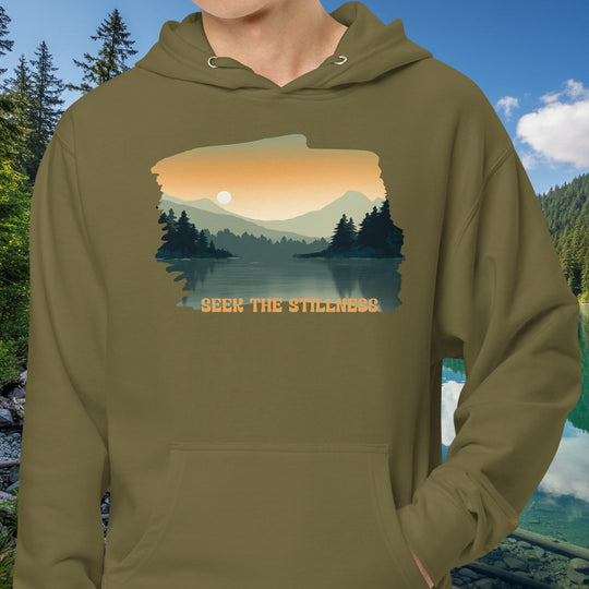 Seek The Stillness Hoodie – Peninsula Lake Sunrise Cotton Blend Pullover