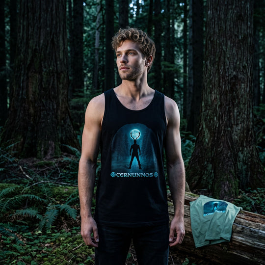 Model wearing Cernunnos Moonlight Tank in dark moody setting with deep shadows and rich textures.