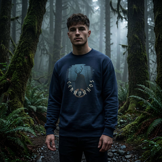 Fashionable model in Cernunnos hoodie in low-light forest scene emphasizing mysterious vibe.