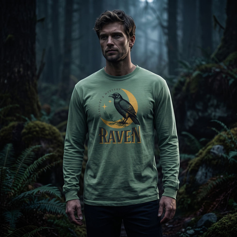 Men's long-sleeve raven-themed t-shirt with moon graphic, inspired by mysterious and mystical themes, perfect for casual wear.