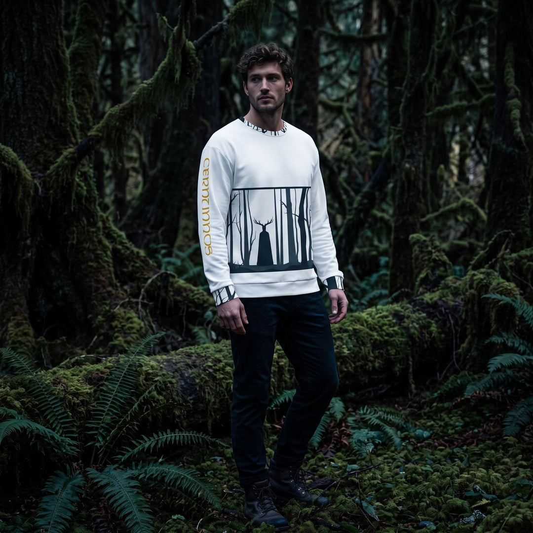 Model wearing woodland-themed Cernunnos sweatshirt in dark environment emphasizing primal style and textured fabrics.