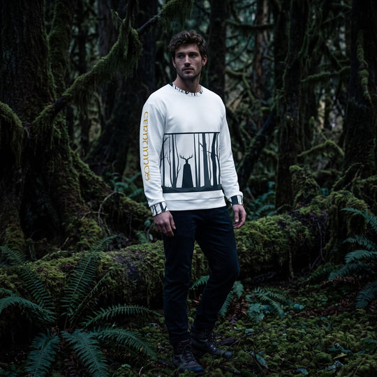 Model wearing woodland-themed Cernunnos sweatshirt in dark environment emphasizing primal style and textured fabrics.