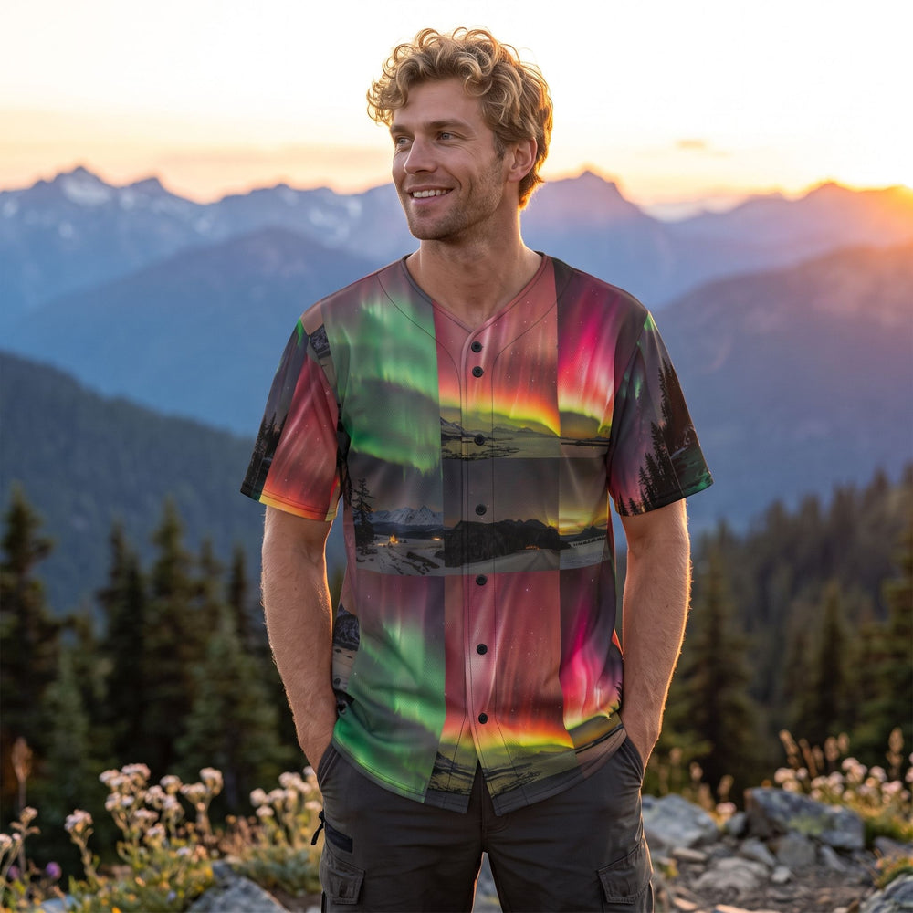 Model Ben sporting the Aurora Borealis design baseball jersey outdoors amidst lush foliage.