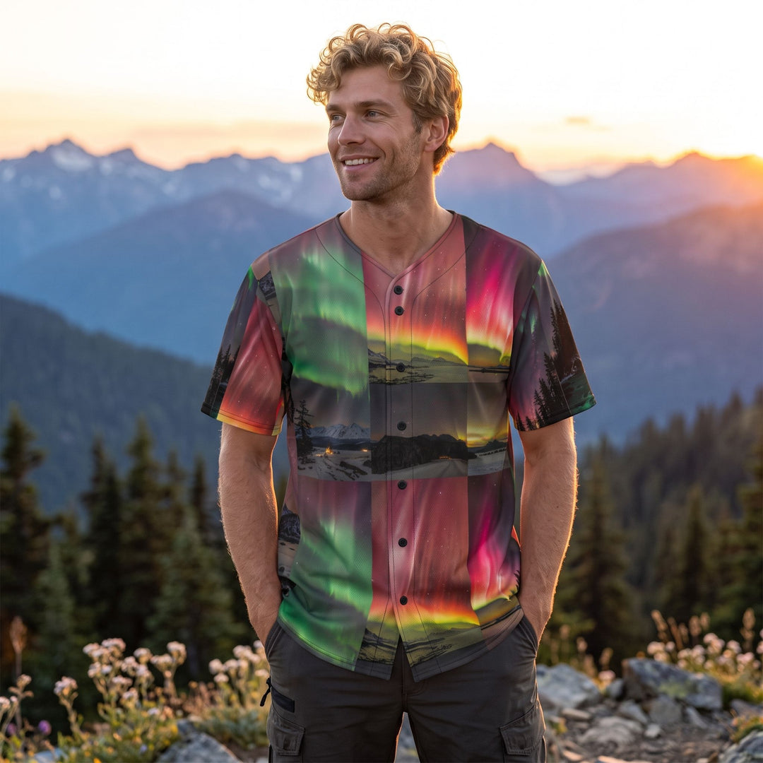 Model Ben sporting the Aurora Borealis design baseball jersey outdoors amidst lush foliage.