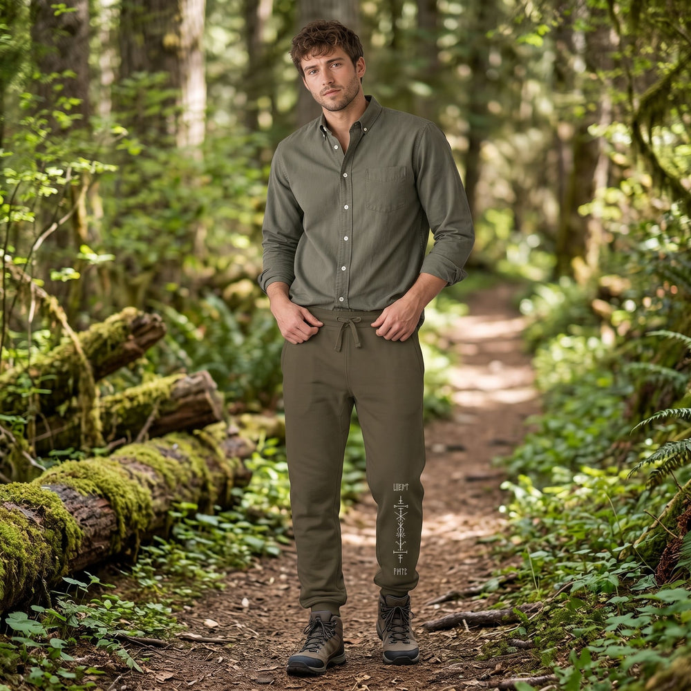 Relaxed male model wearing Norse Magic fleece sweatpants in outdoor nature setting with greenery and water in the background.