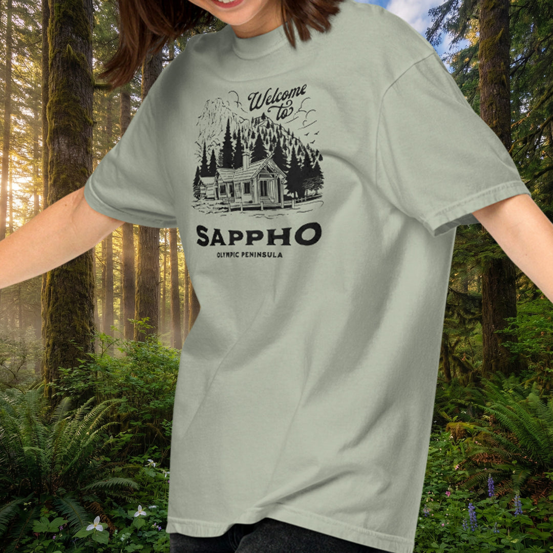 Sappho Cabin Tee - Retro Olympic Peninsula style (100% ring-spun cotton)