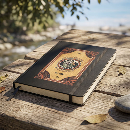 Birding journal on rustic wooden surface outdoors with blurred foliage and sky, highlighting UltraHyde hardcover and elegant design.