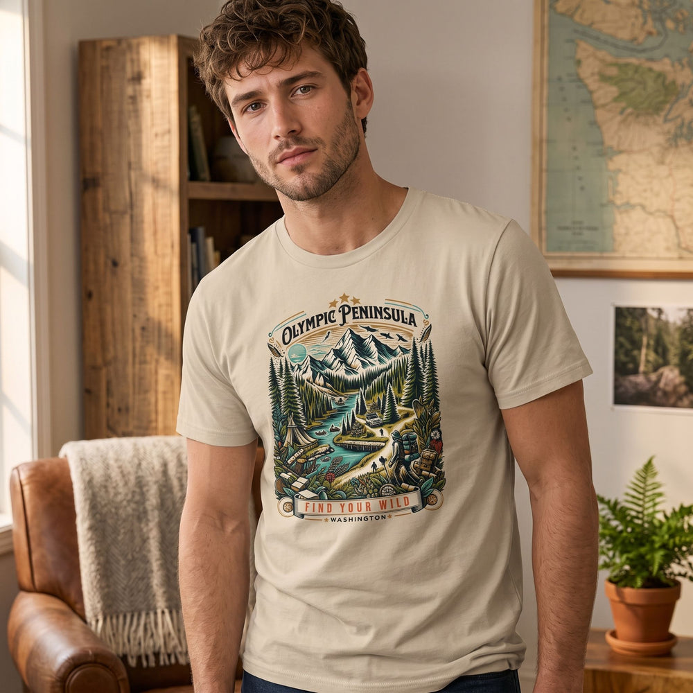 Casual man relaxing in a cozy living room wearing Olympic Untamed Tee showcasing outdoor adventure spirit