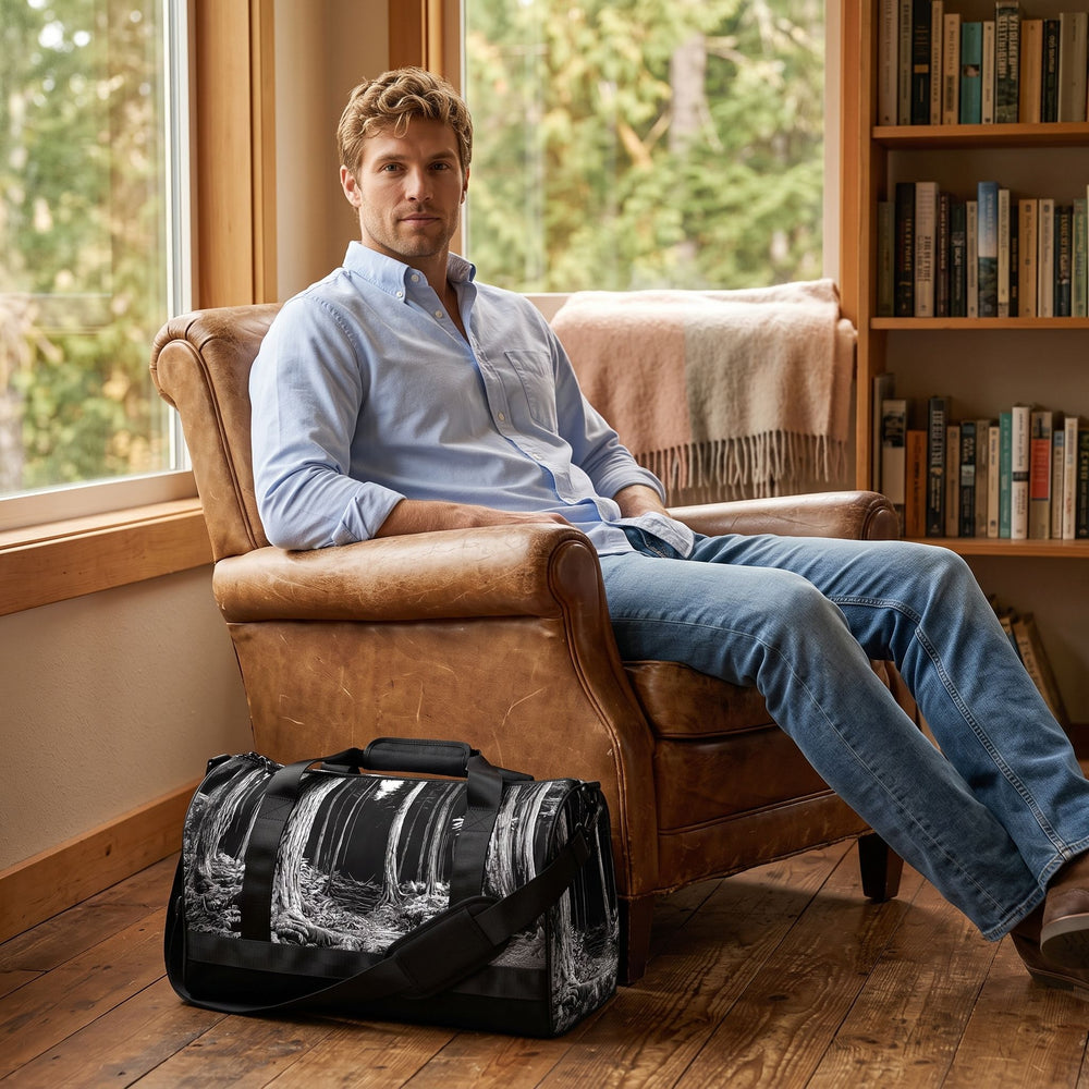 Stylish adventure-inspired gym bag with forest sketchbook print, held by a model in a cozy natural environment.