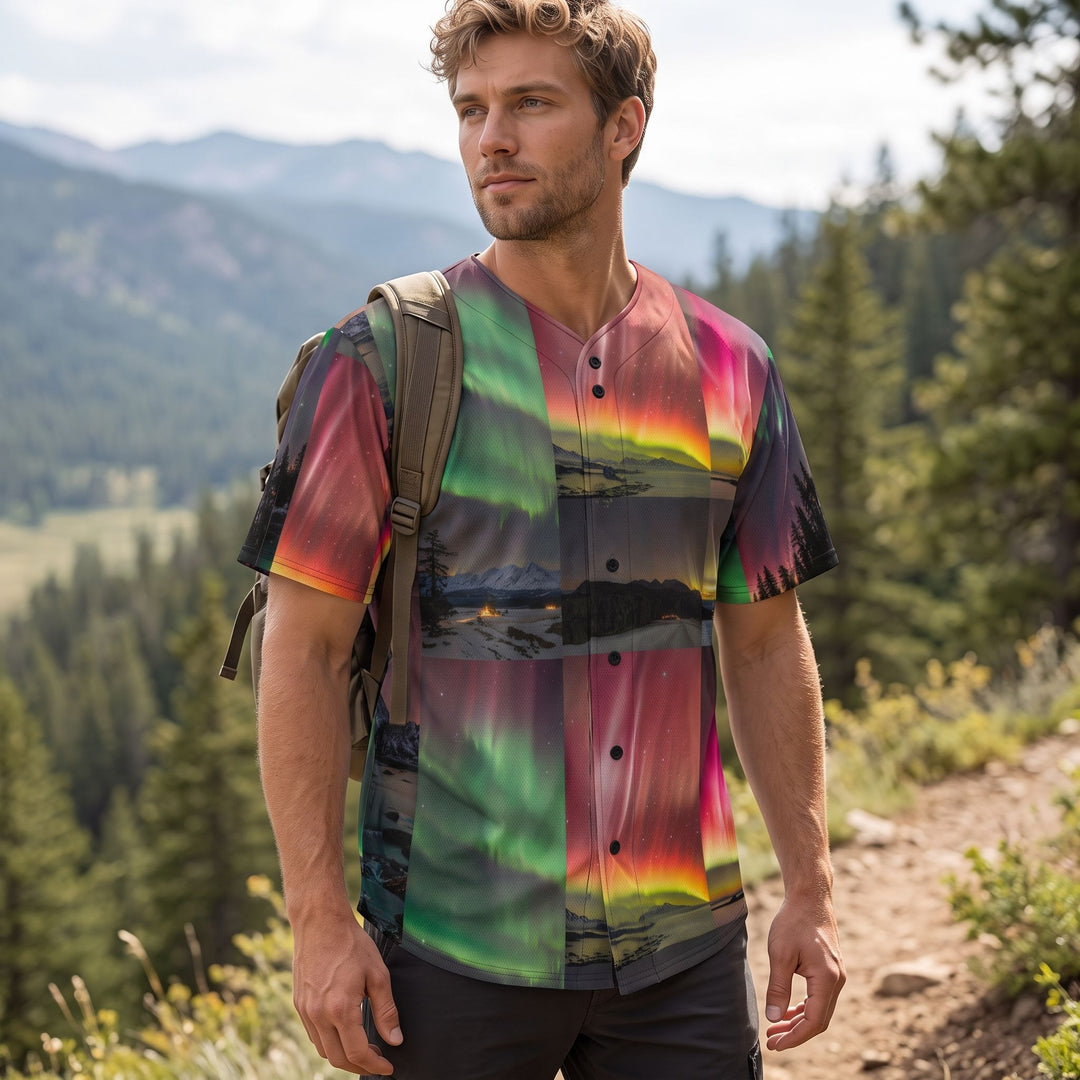 Man outdoors wearing Olympic Nights baseball jersey with aurora borealis design, surrounded by nature, bright natural light.