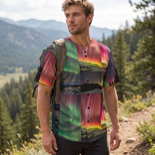 Man outdoors wearing Olympic Nights baseball jersey with aurora borealis design, surrounded by nature, bright natural light.