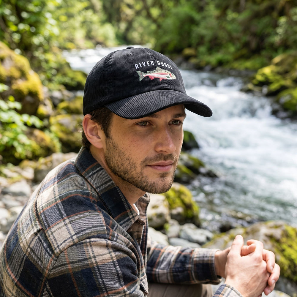 Casual model wearing The Steelhead Run Corduroy Cap outdoors among greenery, showcasing its relaxed fit and heritage-style design