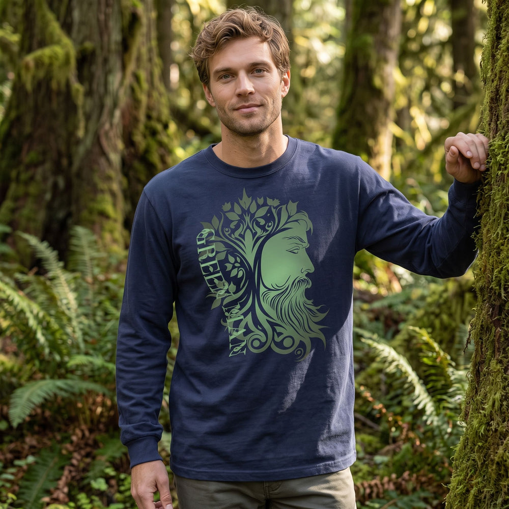Men's Green Man heavyweight long sleeve shirt in outdoor setting with greenery, featuring relaxed fit and rugged texture.