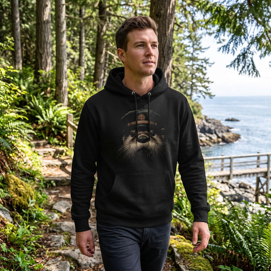 Olive green heavyweight hoodie from the Olympic Crew displayed on a wooden dock with lush greenery and sky in the background.