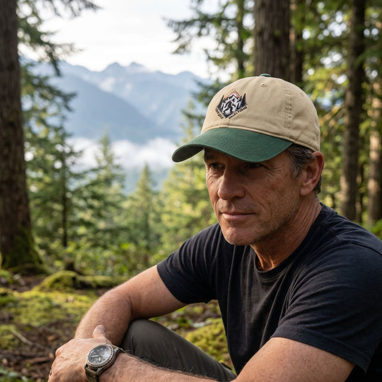 Casual outdoor scene featuring a worn Sasquatch Ridge Cap on a rugged explorer amid forest foliage and distant mountains.