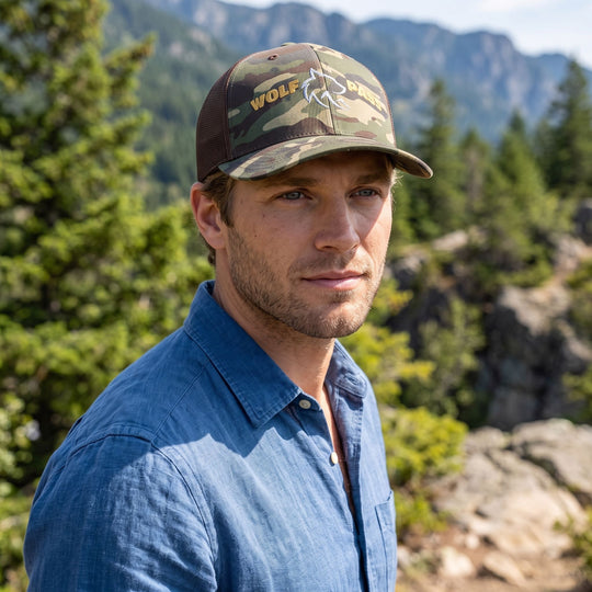 Wolf Pass Camo Trucker Cap worn by a model outdoors in a natural environment with greenery and rocks, showcasing rugged style for outdoor adventures.
