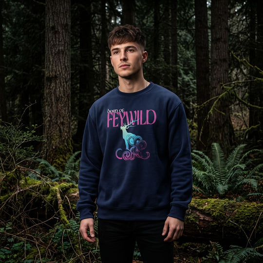 Model showcases oversized Feywild fleece sweatshirt featuring ethereal graphic, set against deep shadows and rich textures.