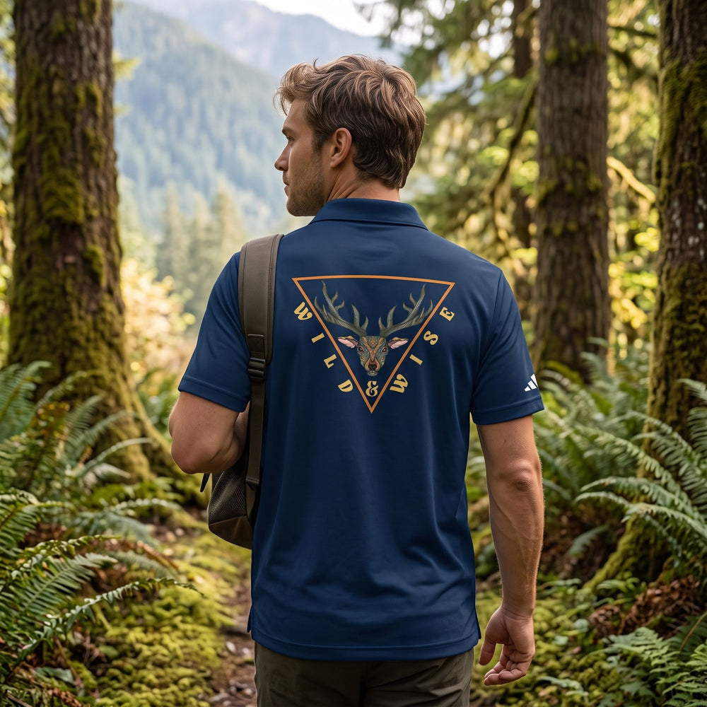 The back of a collegiate navy adidas sport polo showing a mystical elk head gold linework graphic in an outdoor setting.