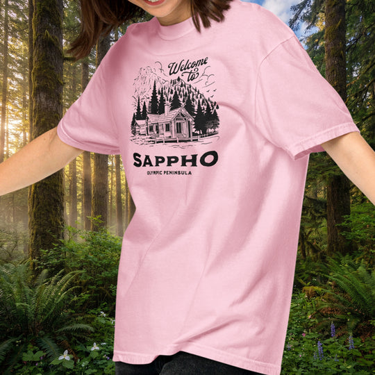 Sappho Cabin Tee - Retro Olympic Peninsula style (100% ring-spun cotton)