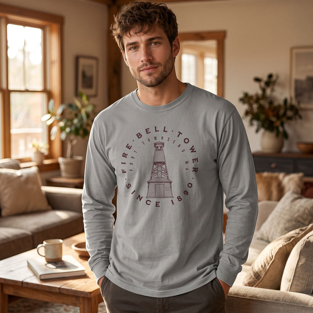 Unisex heavyweight long sleeve shirt inspired by Port Townsend Fire Bell Tower with emblem and historical motif.