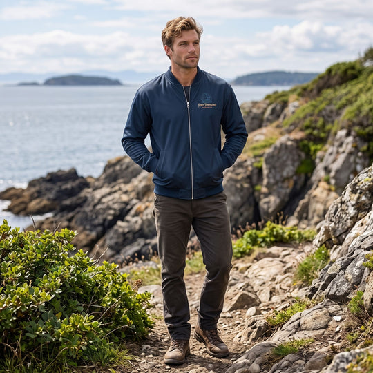 Adult male model in seafaring inspired bomber jacket in natural outdoor setting with blurred foliage background.