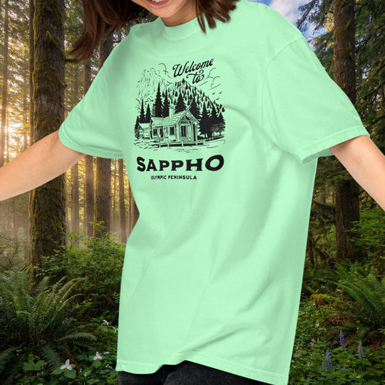 Sappho Cabin Tee - Retro Olympic Peninsula style (100% ring-spun cotton)