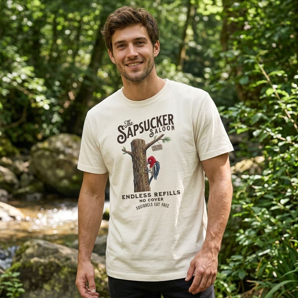 Model in relaxed style wearing the Sapsucker Saloon heavyweight tee amidst outdoor greenery.