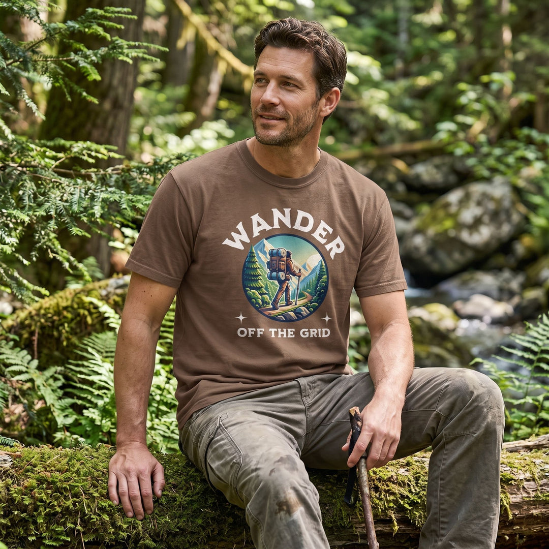 Male model in outdoors wearing the Off-Grid Timberline Heavyweight Tee in a lush forest clearing, highlighting its durable, weathered fabric and outdoor readiness.