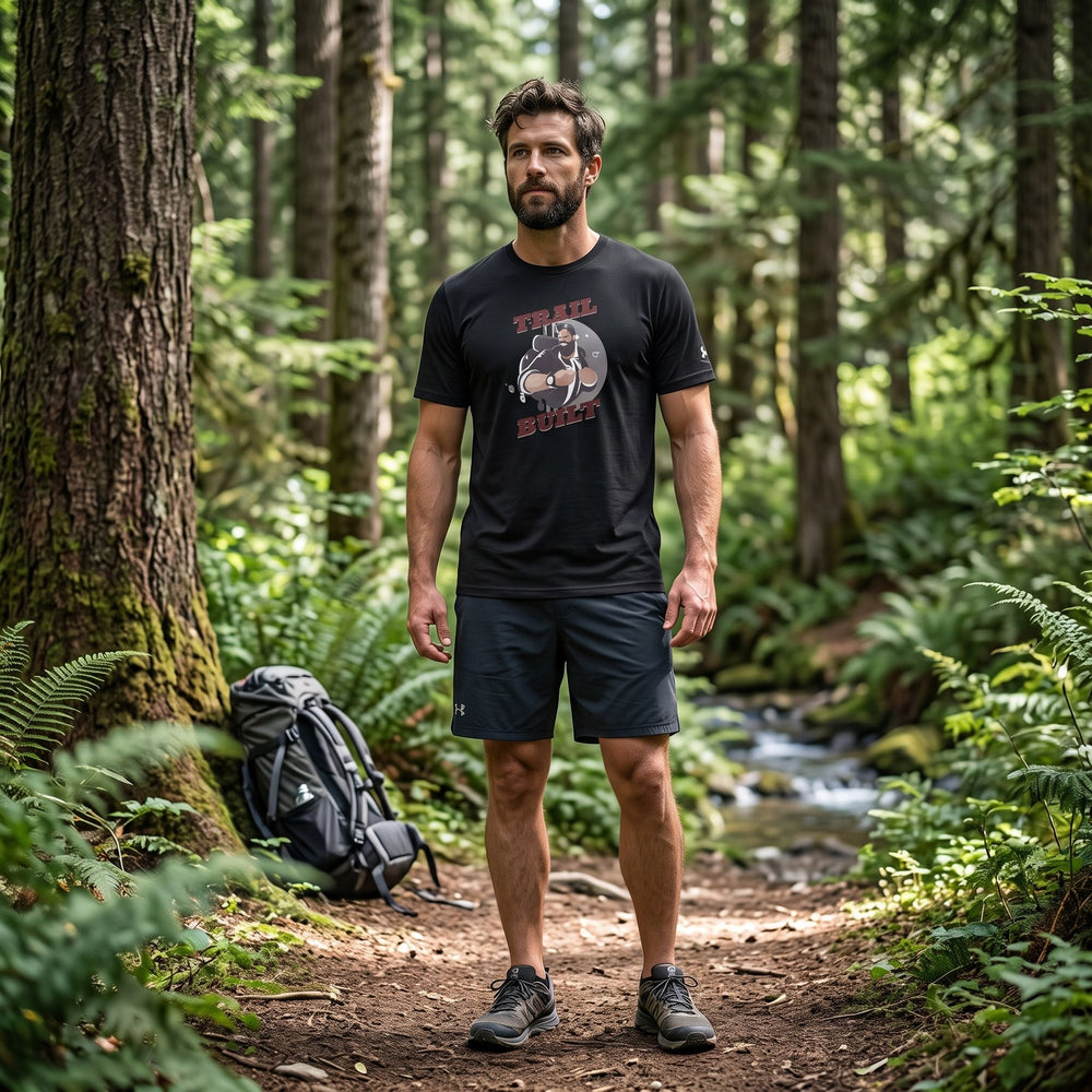 Male model wearing Trail Built Performance Tee in lush outdoor setting with greenery, showcasing breathable cotton-polyester fabric and rugged style.