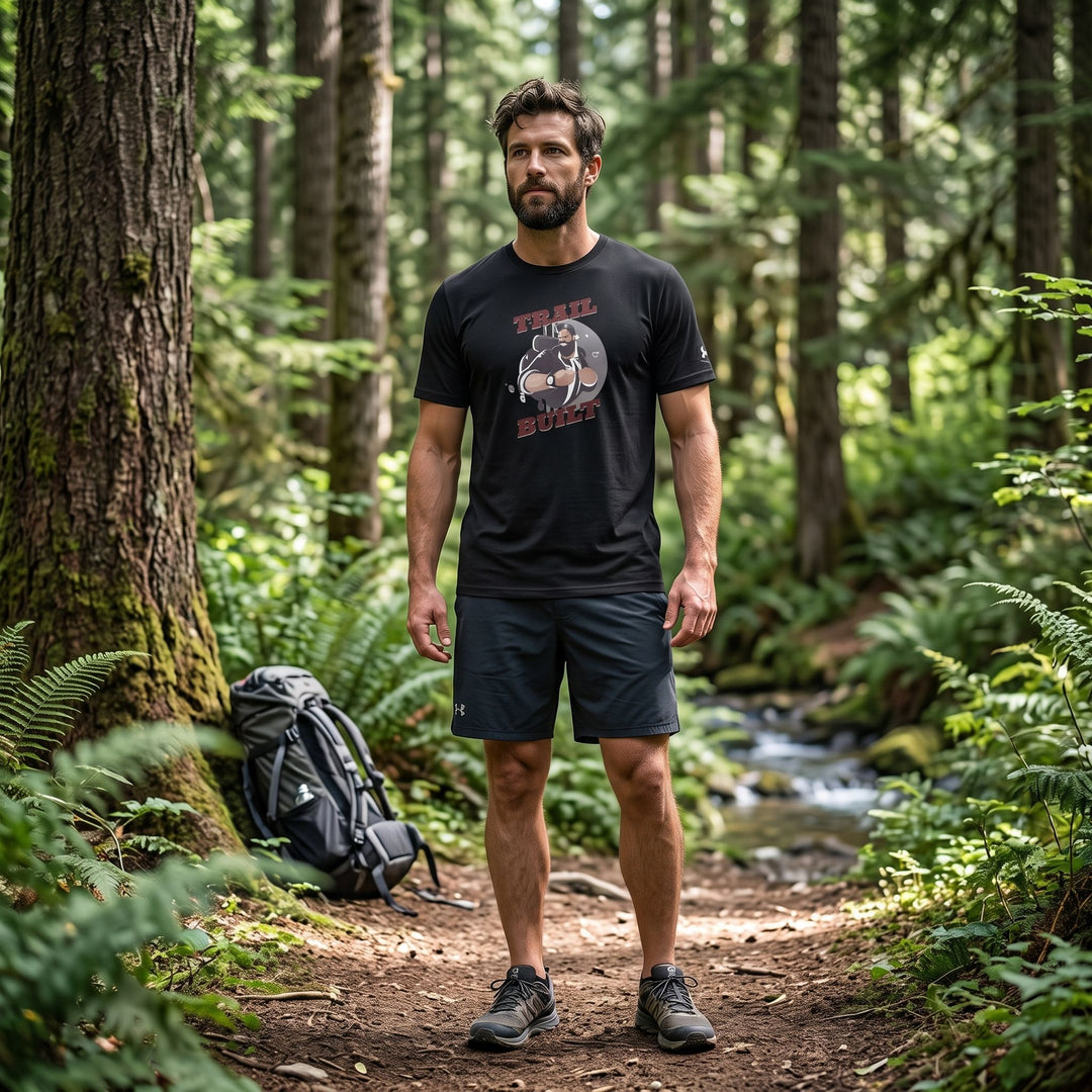 Male model wearing Trail Built Performance Tee in lush outdoor setting with greenery, showcasing breathable cotton-polyester fabric and rugged style.