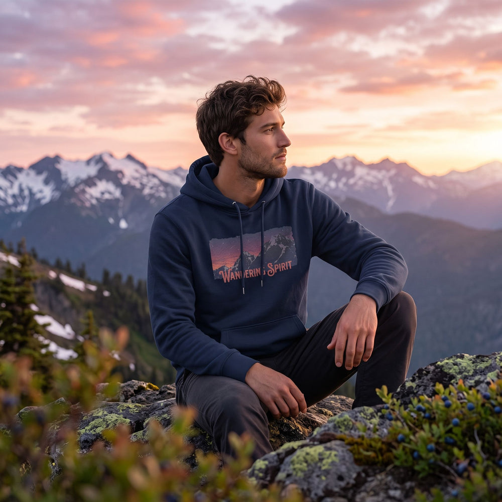 Wandering Spirit organic mid-weight hoodie featuring mountain landscape graphic, worn outdoors by model in natural daylight with greenery.