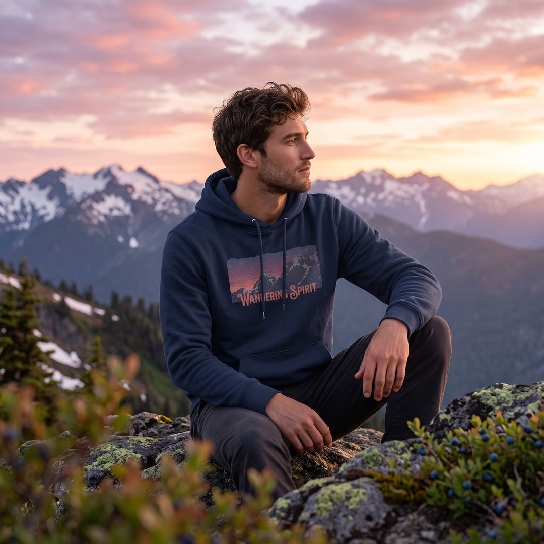 Wandering Spirit organic mid-weight hoodie featuring mountain landscape graphic, worn outdoors by model in natural daylight with greenery.