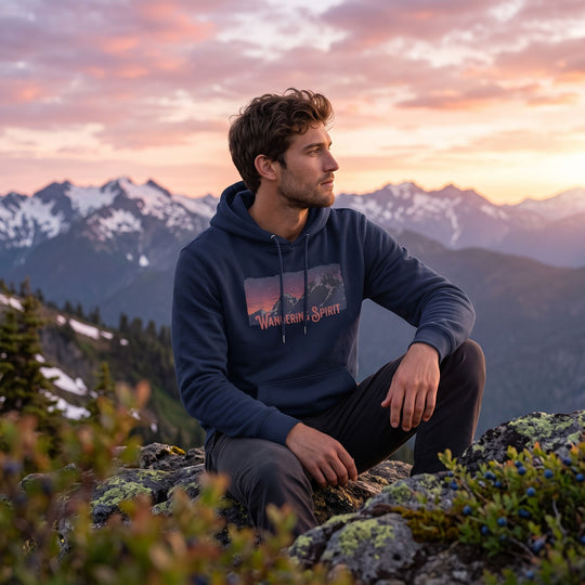 Wandering Spirit organic mid-weight hoodie featuring mountain landscape graphic, worn outdoors by model in natural daylight with greenery.