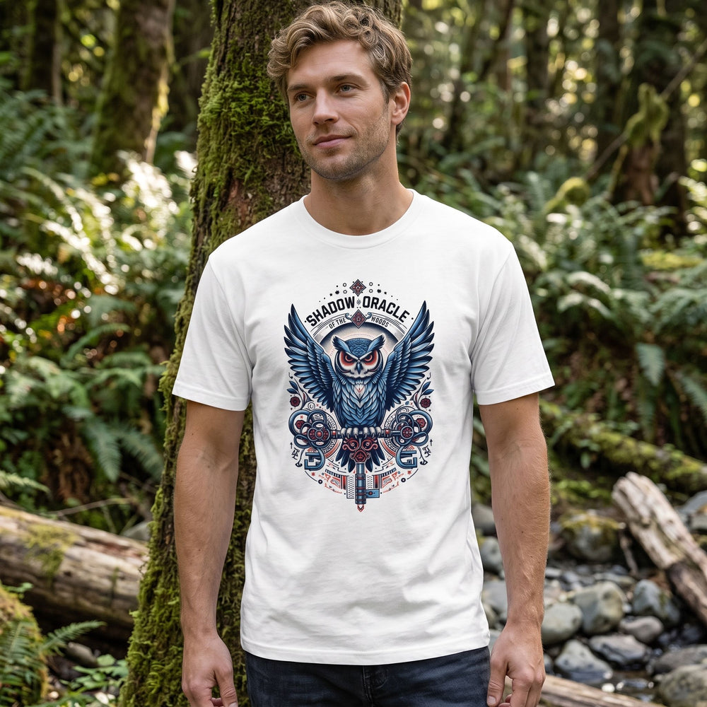 Steampunk owl design T-shirt featuring Shadow Oracle motif in outdoor natural setting with greenery and bright sunlight
