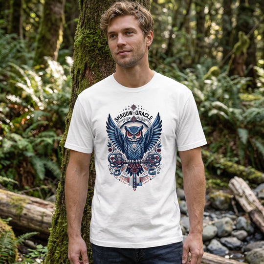 Steampunk owl design T-shirt featuring Shadow Oracle motif in outdoor natural setting with greenery and bright sunlight
