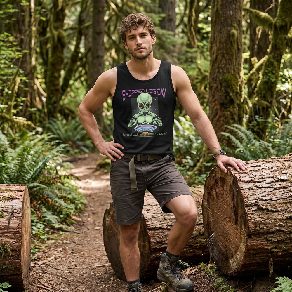 Casual model wearing Skipped Leg Day Tank showing off muscular arms and shoulders in a relaxed lifestyle setting.