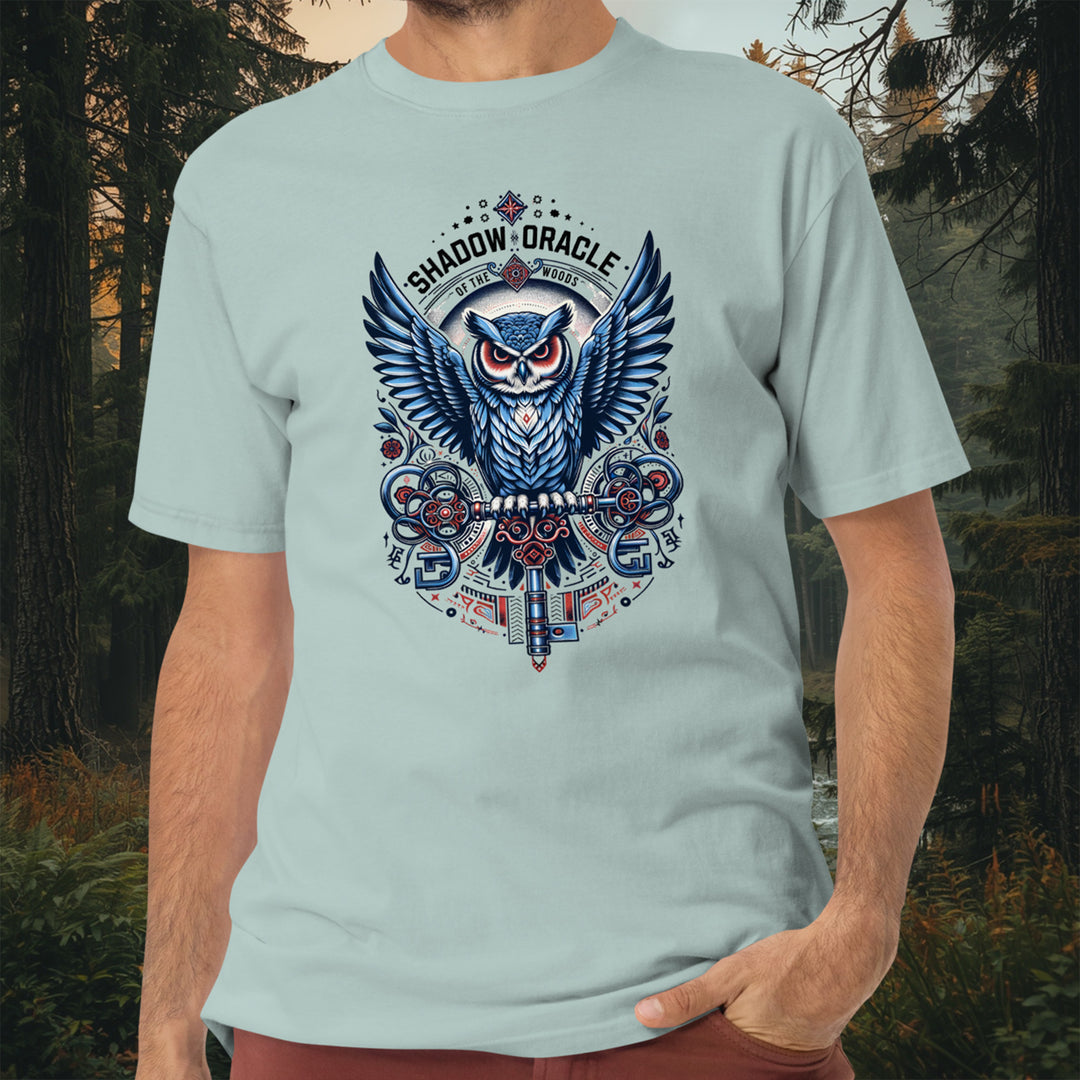 Shadow Oracle Tee – Steampunk Owl Heavyweight Cotton
