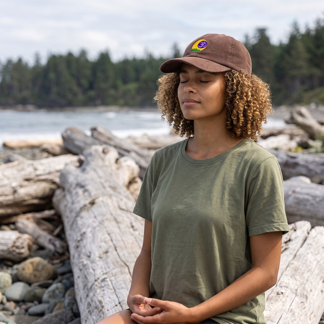 Outdoor scene featuring a model wearing the Forest Om Corduroy Meditation Cap in a natural setting with greenery, showcasing relaxed style and connection to nature.