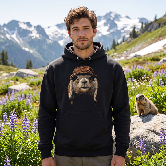 Adult model wearing The High-Country Local hoodie outdoors amid greenery with blurred foliage, showcasing the casual mountain-inspired design.