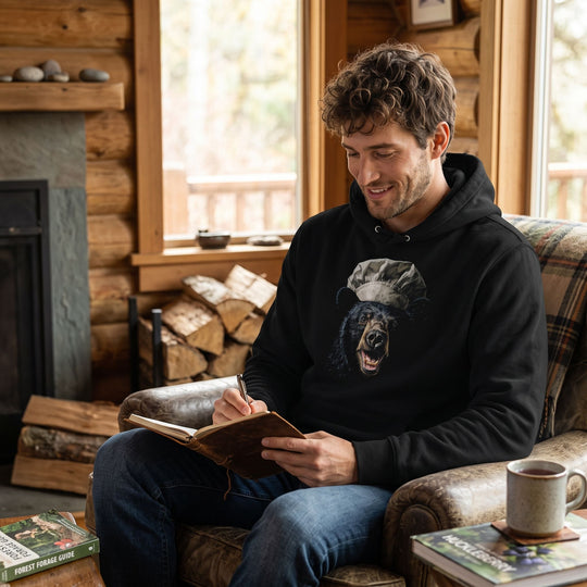Relaxed model wearing The Mess Officer heavyweight hoodie in cozy lifestyle setting with warm natural lighting, showcasing its rugged yet refined style.