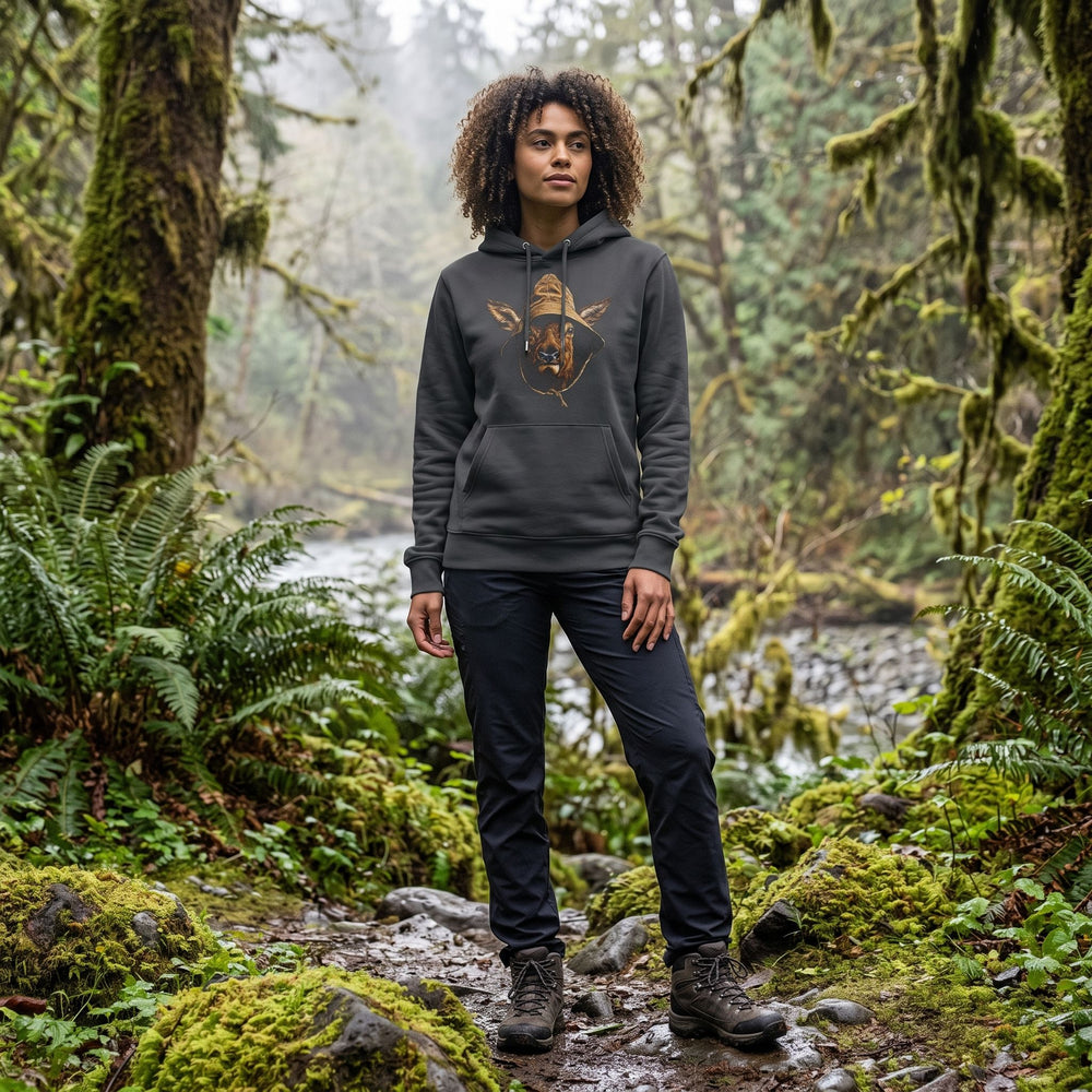 Outdoor scene with Zara modeling The Rainforest Regular heavyweight hoodie in natural daylight, surrounded by greenery and blurred foliage.