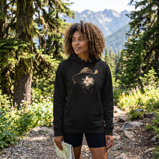 Adult woman model wearing a heavyweight hoodie inspired by trail and outdoor adventure in a natural outdoor setting with greenery and sunlight.