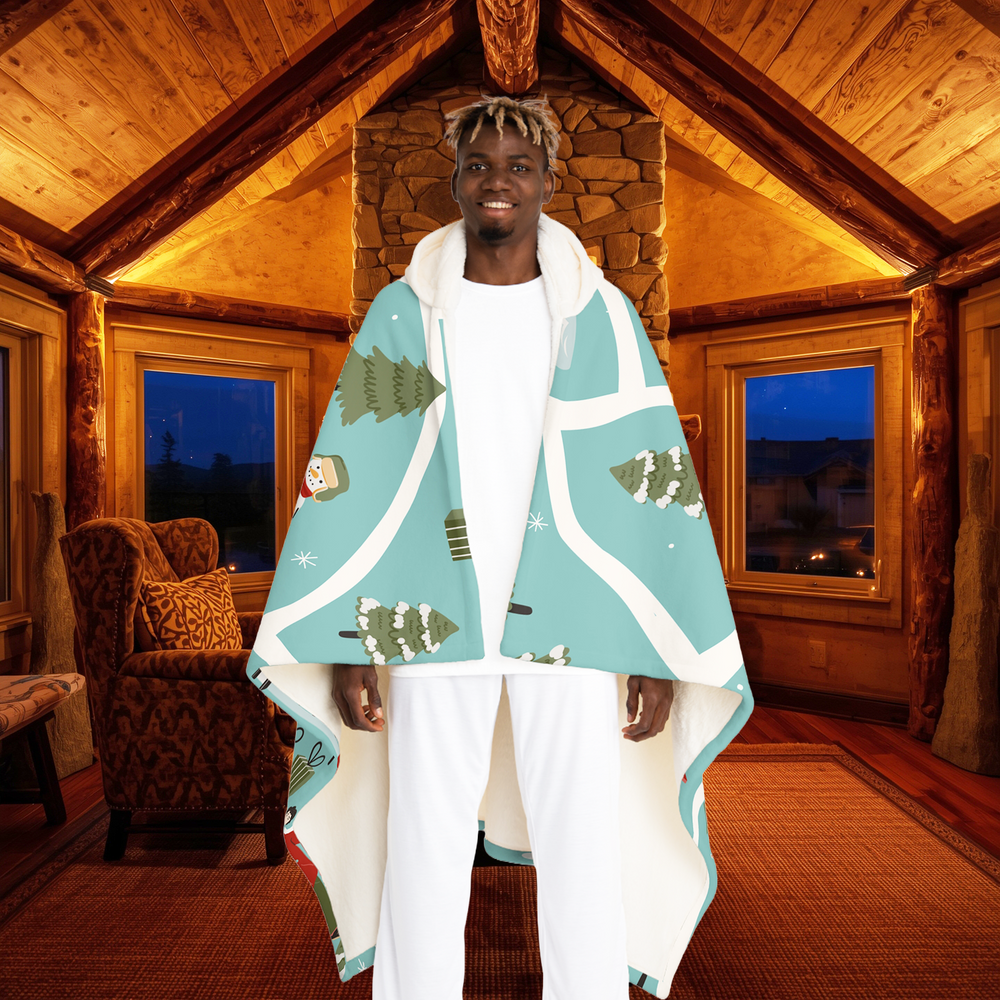 Winter Afternoon Map Hooded Sherpa Blanket – Cozy Peninsula Getaway