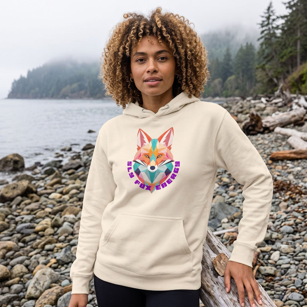 Close-up of the Trail Trickster Hoodie featuring Geodesic Fox fleece worn by model Zara in vivid pop art style.