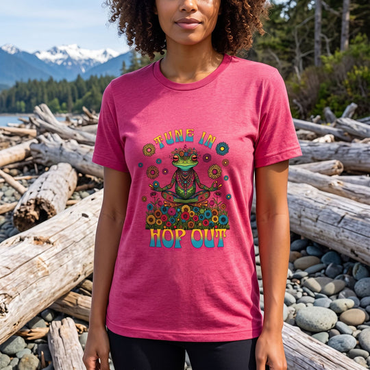 Vivid pop art style image of a woman wearing a psychedelic frog lotus tee with bright colors and bold background.
