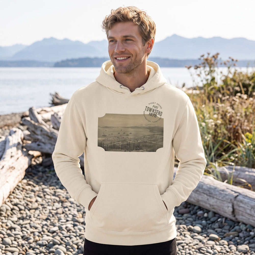The Port Townsend 1878 hoodie modeled outdoors in a natural setting, highlighting the historic city illustration and casual style.