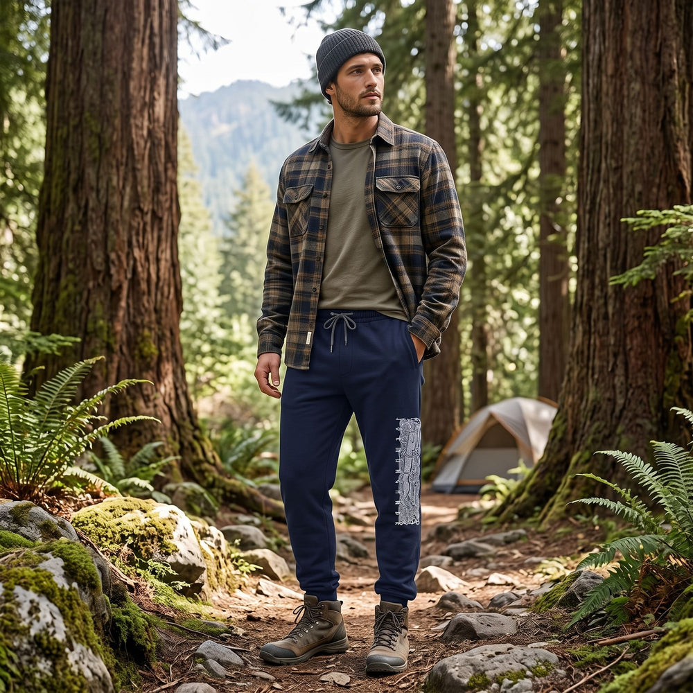 Outdoor scene with Alex wearing tapered fit fleece joggers amidst greenery and natural elements, showcasing casual comfort for adventure.