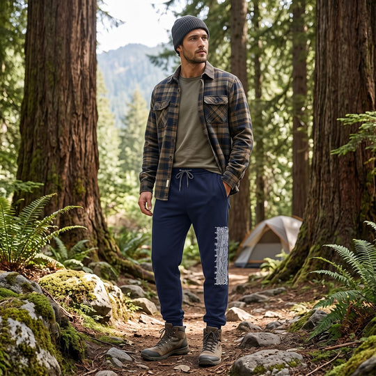 Outdoor scene with Alex wearing tapered fit fleece joggers amidst greenery and natural elements, showcasing casual comfort for adventure.