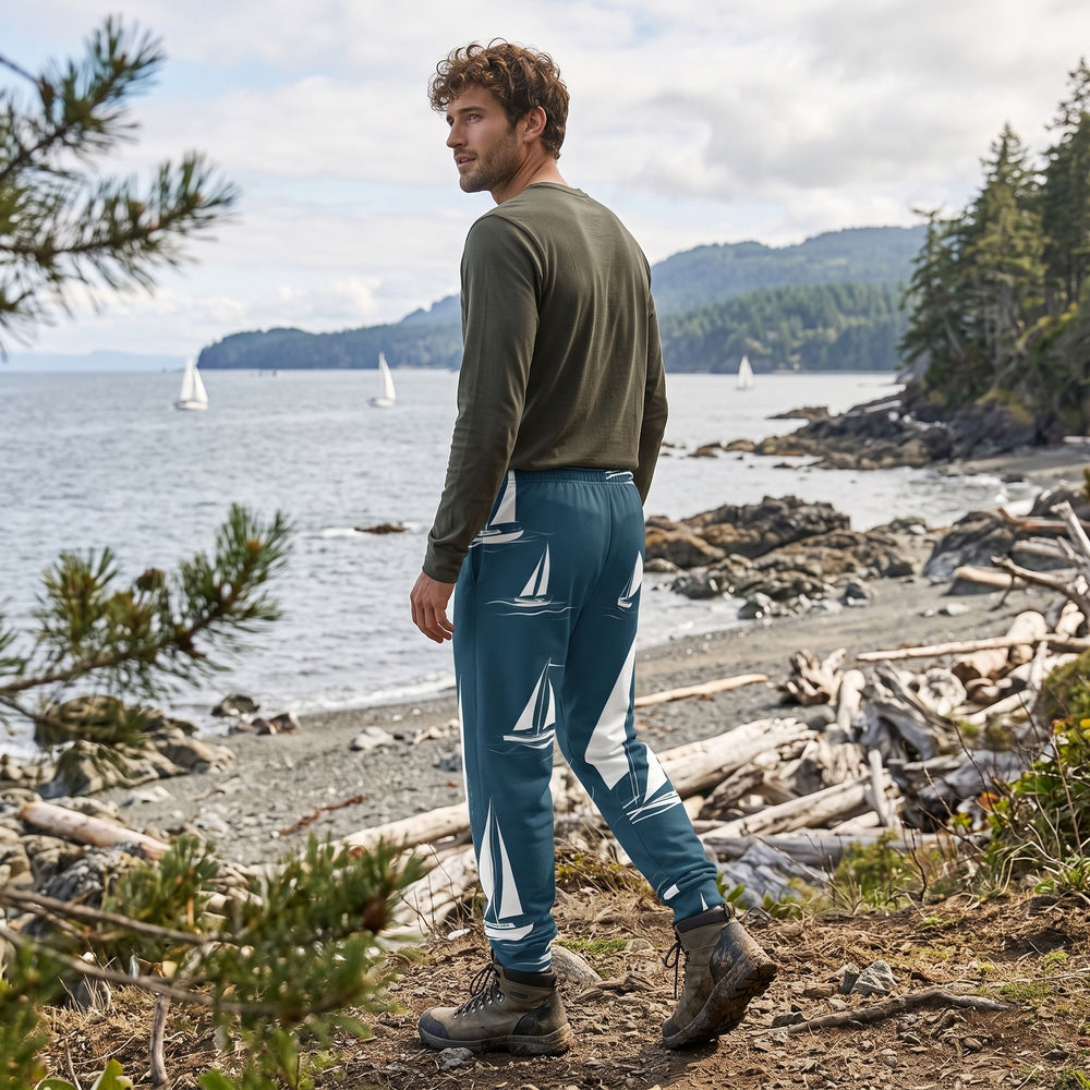 Casual model wearing Wave Runners Joggers with sailboat design, outdoors with greenery and water background